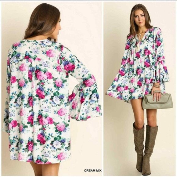 Umgee Boho Floral Flowy Mini Dress Small - Picture 3 of 12